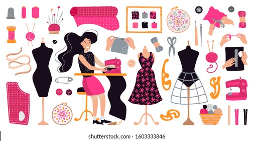 Vector illustration with brunette girl tailor in workplace. Dressmaker working at sewing machine in a modern flat pink style. Items and materials for sewing, embroidery, knitting.