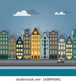vector illustration of a brunette in a helmet on a gray scooter rides along street with old buildings. 