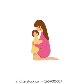 Vector illustration of brunette mom hugs daughter isolated. Flat concept characters of parent and child. Young mommy sits on knees and cuddle little girl. Cute design of mother's love and happy family