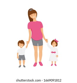 Vector illustration of brunette mother with childs. Funny mummy with son and daughter holding hands and smiling. Family spending good time together. Cartoon flat design of cute characters isolated 