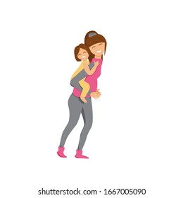 Vector illustration of brunette mummy and daughter in flat cartoon style. Family spends time playing together. Mother put on back little girl. Cute and funny concept design of activities isolated