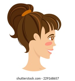 Vector illustration Brunette smiling young woman profile with hair tail.