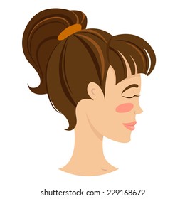 Vector illustration Brunette smiling young woman profile with hair tail. Eyes closed