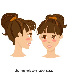 Vector illustration Brunette smiling young woman with hair tail