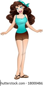 Vector illustration of a brunette teenage girl in tanktop and short pants. 