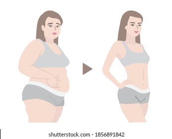 vector illustration. Brunette woman before and after weight loss.