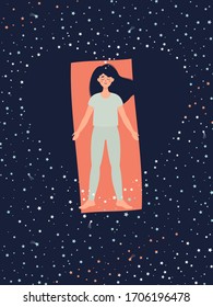 vector illustration of a brunette woman doing yoga in shavasana pose on the rug surrounded starry sky heart shaped background. Lying woman in flat style