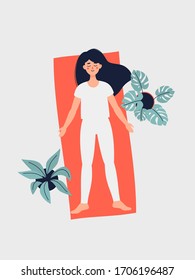 vector illustration of a brunette woman doing yoga in shavasana pose on the rug surrounded potted plants. .Lying woman in flat style