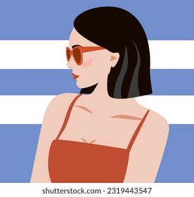 Vector illustration of a brunette woman in a red dress and sunglasses. A girl on an isolated background. Summer sea, fashionable illustration. Stylish image for a holiday by the sea.  Avatar 