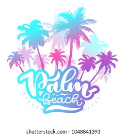 Vector illustration: Brush lettering composition of Palm beach isolated on white background with palms