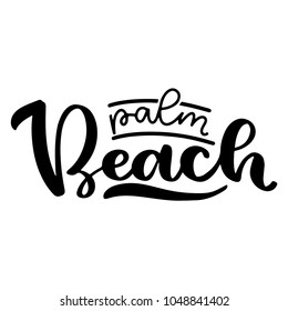 Vector illustration: Brush lettering composition of Palm beach isolated on white background.