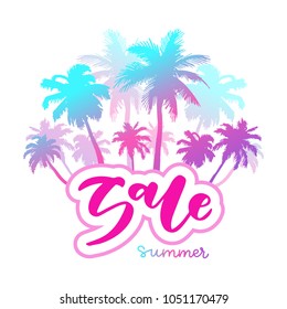 Vector illustration: Brush lettering composition of Summer Sale isolated on white background with palms