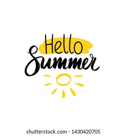 Vector illustration. Brush lettering composition of Hello Summer words on a light yellow spot with sun