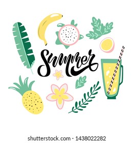 Vector illustration: Brush lettering composition of Summer text and leaves, fruits, juice, flower isolated on white background