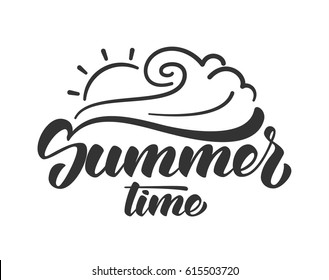 Vector illustration: Brush lettering composition of Summer time with line sun and wave  on white background. 