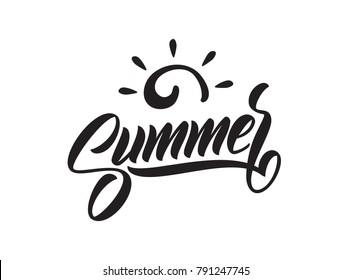 Vector illustration: Brush lettering composition of Summer Vacation with doodle sun on white background. Typography design.