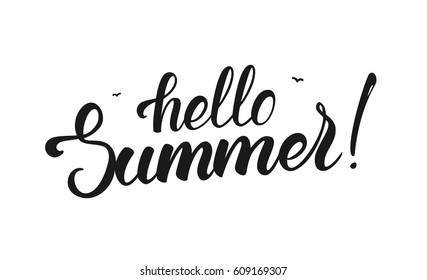Vector illustration: Brush lettering of Hello Summer with birds isolated on white background. 