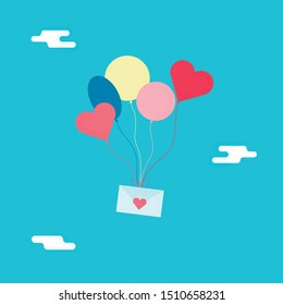 Vector illustration with a brush. Mail Envelop with Balloons. Love message. Romantic concept for Valentines day.