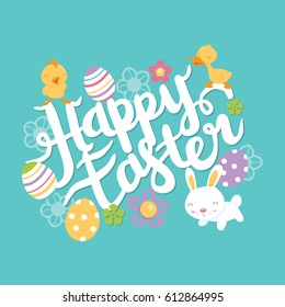 A vector illustration of a brush script happy easter lettering with easter theme design elements such as easter eggs, flowers, easter bunny and other animals.