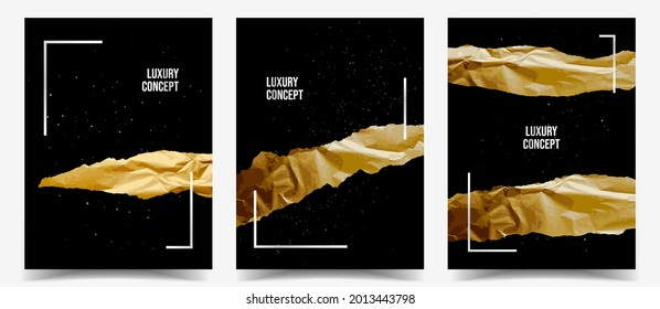 Ilustración vectorial. Superposición de grano de pincel sobre textura de lámina de oro desmenuzada. Resumen de la colección de fondo contemporáneo. Diseño para postal, portada de libros, revista, folleto, tarjeta de saludo, banner