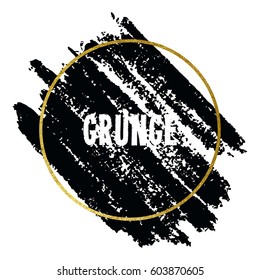 Vector illustration of brush stroke. Hand drawn by black paint grunge texture. Blot of ink with gold frame isolated on white background.