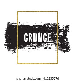 Vector illustration of brush stroke. Hand drawn by black paint grunge texture. Blot of ink with gold frame isolated on white background.