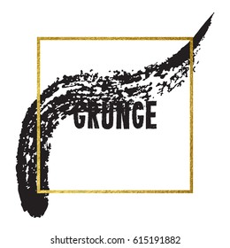 Vector illustration of brush stroke. Hand drawn by black paint grunge texture. Blot of ink with gold frame isolated on white background.