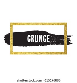 Vector illustration of brush stroke. Hand drawn by black paint grunge texture. Blot of ink with gold frame isolated on white background.