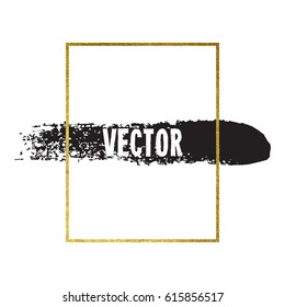 Vector illustration of brush stroke. Hand drawn by black paint grunge texture. Blot of ink with gold frame isolated on white background.