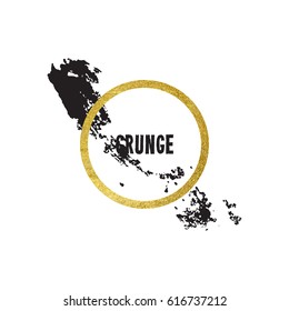 Vector illustration of brush stroke. Hand drawn by black paint grunge texture. Blot of ink with gold frame isolated on white background.