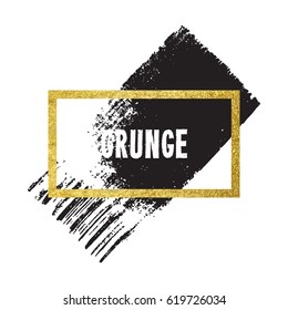 Vector illustration of brush stroke. Hand drawn by black paint grunge texture. Blot of ink with gold frame isolated on white background.