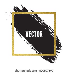 Vector illustration of brush stroke. Hand drawn by black paint grunge texture. Blot of ink with gold frame isolated on white background.