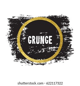 Vector illustration of brush stroke. Hand drawn by black paint grunge texture. Blot of ink with gold frame isolated on white background.