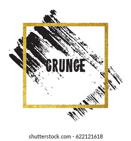 Vector illustration of brush stroke. Hand drawn by black paint grunge texture. Blot of ink with gold frame isolated on white background.