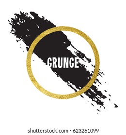 Vector illustration of brush stroke. Hand drawn by black paint grunge texture. Blot of ink with gold frame isolated on white background.