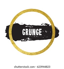 Vector illustration of brush stroke. Hand drawn by black paint grunge texture. Blot of ink with gold frame isolated on white background.