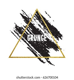 Vector illustration of brush stroke. Hand drawn by black paint grunge texture. Blot of ink with gold frame isolated on white background.