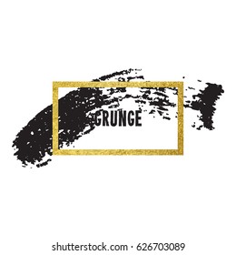 Vector illustration of brush stroke. Hand drawn by black paint grunge texture. Blot of ink with gold frame isolated on white background.