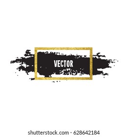 Vector illustration of brush stroke. Hand drawn by black paint grunge texture. Blot of ink with gold frame isolated on white background.