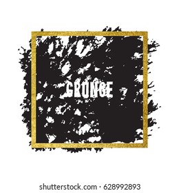 Vector illustration of brush stroke. Hand drawn by black paint grunge texture. Blot of ink with gold frame isolated on white background.