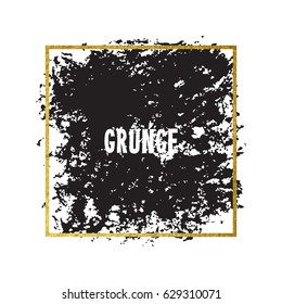 Vector illustration of brush stroke. Hand drawn by black paint grunge texture. Blot of ink with gold frame isolated on white background.