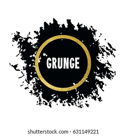 Vector illustration of brush stroke. Hand drawn by black paint grunge texture. Blot of ink with gold frame isolated on white background.