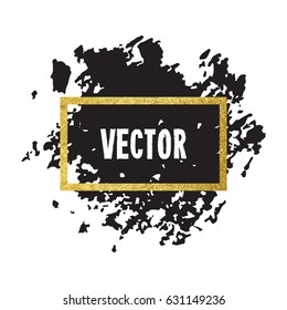 Vector illustration of brush stroke. Hand drawn by black paint grunge texture. Blot of ink with gold frame isolated on white background.