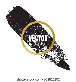 Vector illustration of brush stroke. Hand drawn by black paint grunge texture. Blot of ink with gold frame isolated on white background.