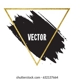 Vector illustration of brush stroke. Hand drawn by black paint grunge texture. Blot of ink with gold frame isolated on white background.