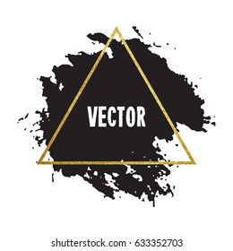 Vector illustration of brush stroke. Hand drawn by black paint grunge texture. Blot of ink with gold frame isolated on white background.