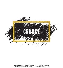 Vector illustration of brush stroke. Hand drawn by black paint grunge texture. Blot of ink with gold frame isolated on white background.