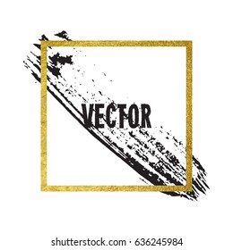 Vector illustration of brush stroke. Hand drawn by black paint grunge texture. Blot of ink with gold frame isolated on white background.
