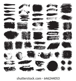 Vector illustration of brush stroke set. Hand drawn by black paint grunge texture. Blot of ink collection isolated on white background.