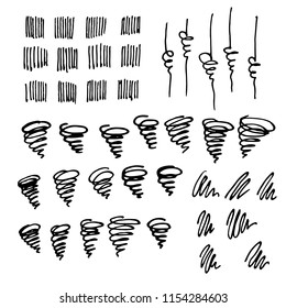 Vector illustration of brush strokes. Hand-drawn brush raw textured shapes. Black ink random hand drawn scribbles set isolated on white background.